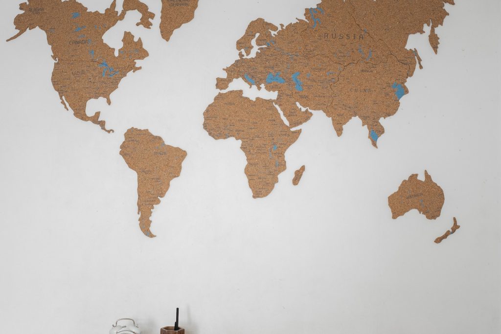 Minimalist Cork World Map on White Wall Market to Thrive! Thrive with marive